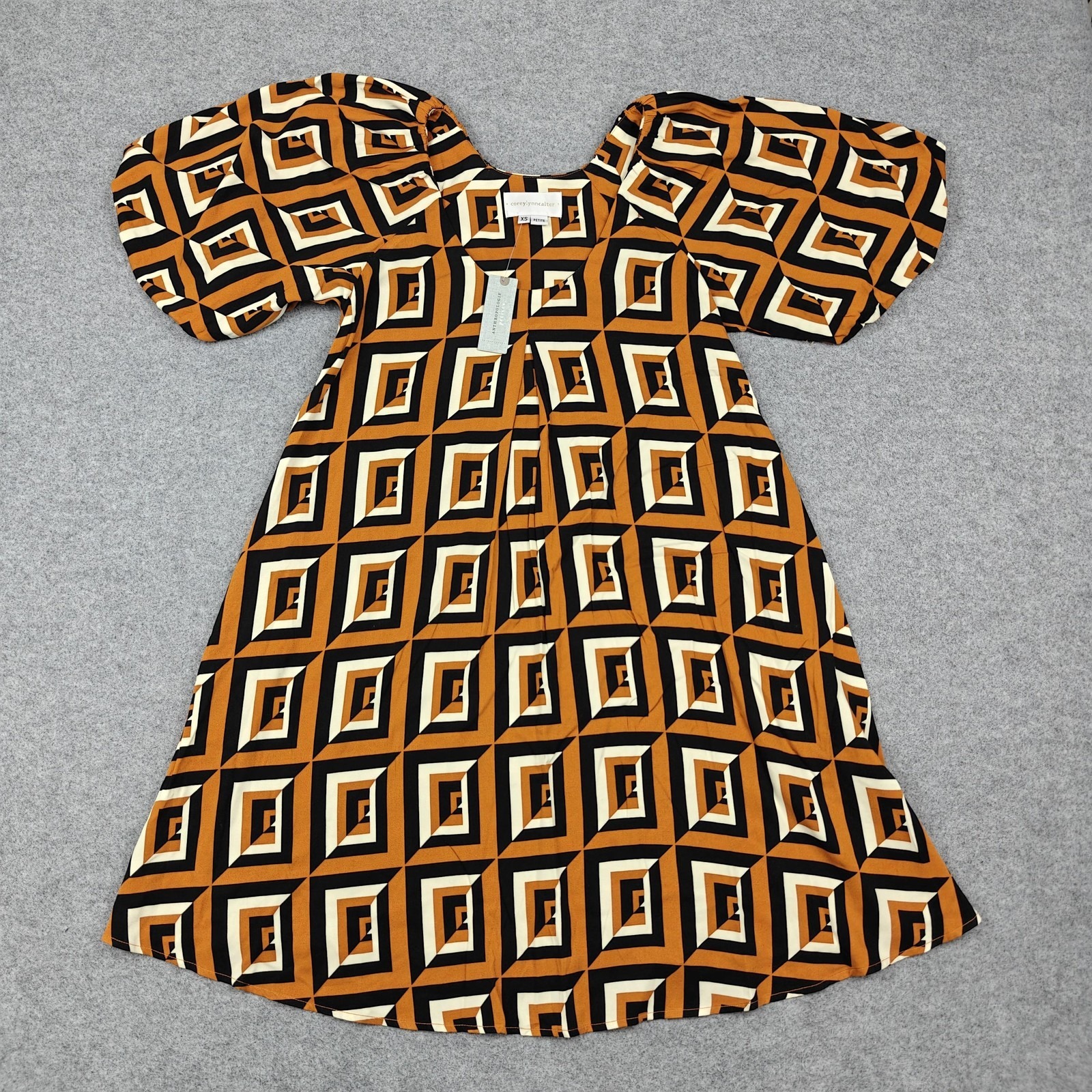 Anthropologie Corey Lynn Calter Dress Womens Xs Petite Brown Geo Puff Mini New